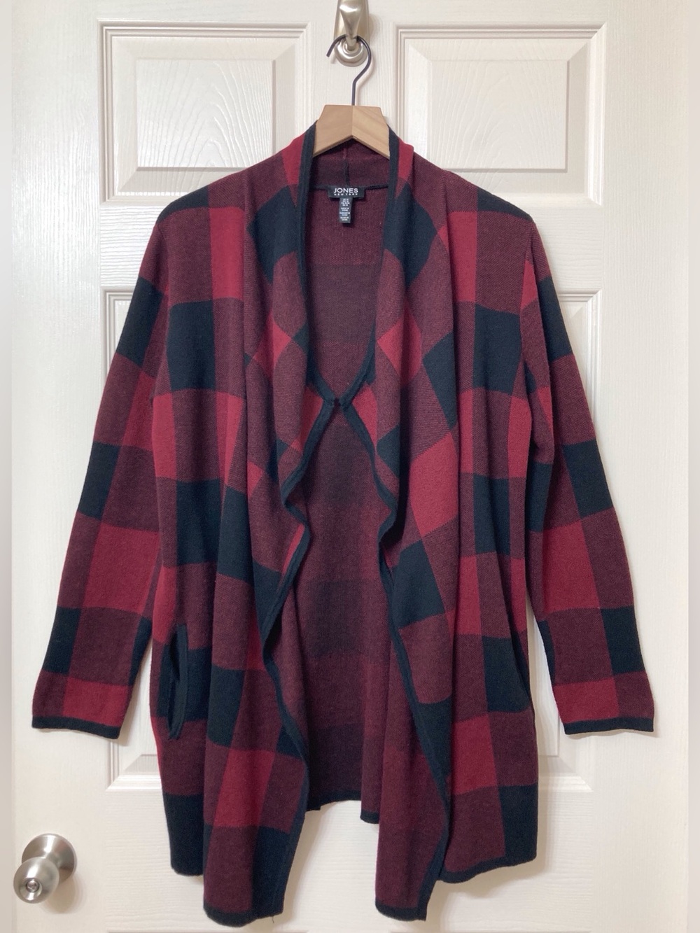 Jones New York Red Black Buffalo Plaid Wool Blend Open Front Cardigan Medium